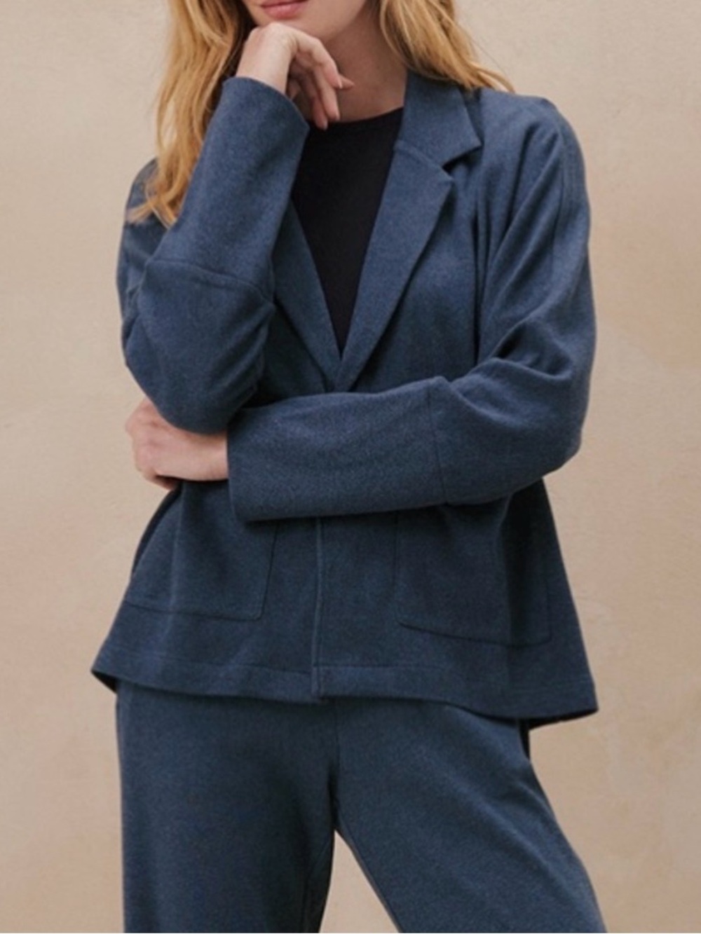 Pact Women's Airplane Relaxed Knit Blazer Jacket Navy Blue Stretch Women’s M